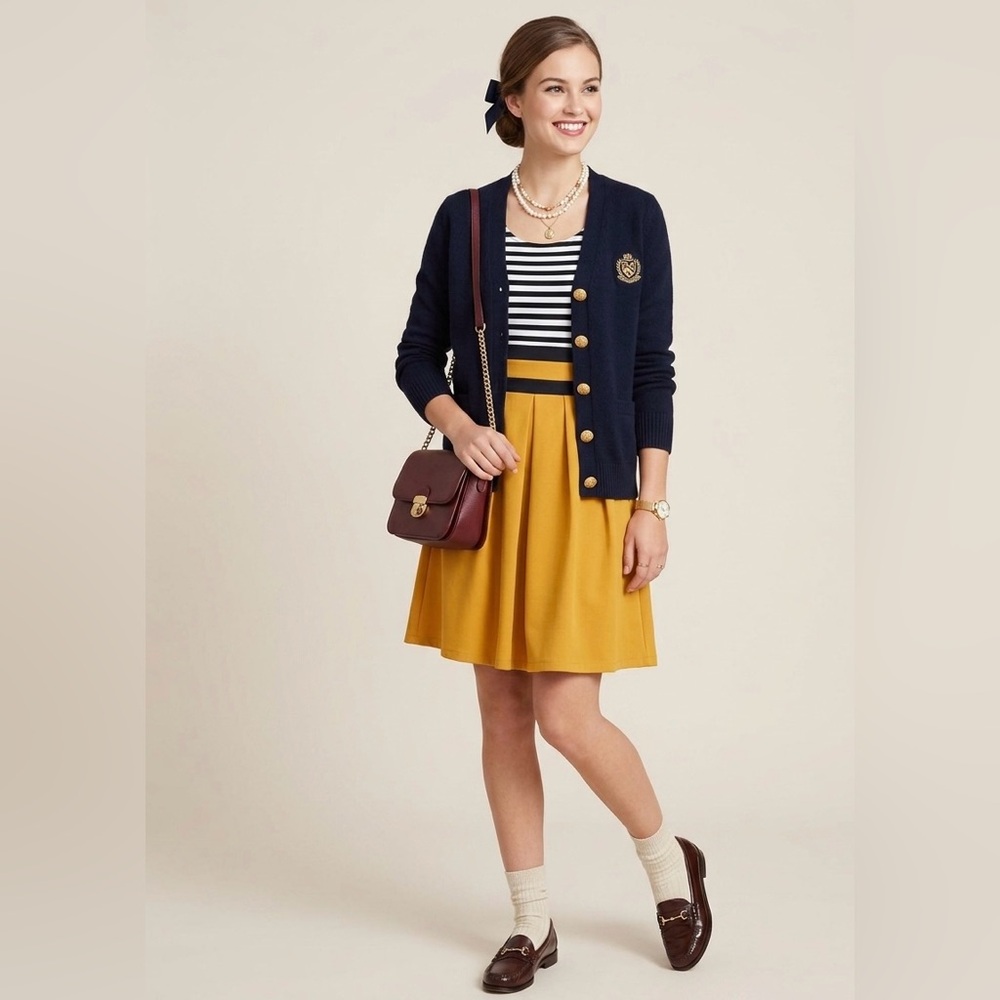 Striped Black & White Top with Mustard Yellow Asymmetrical Dress